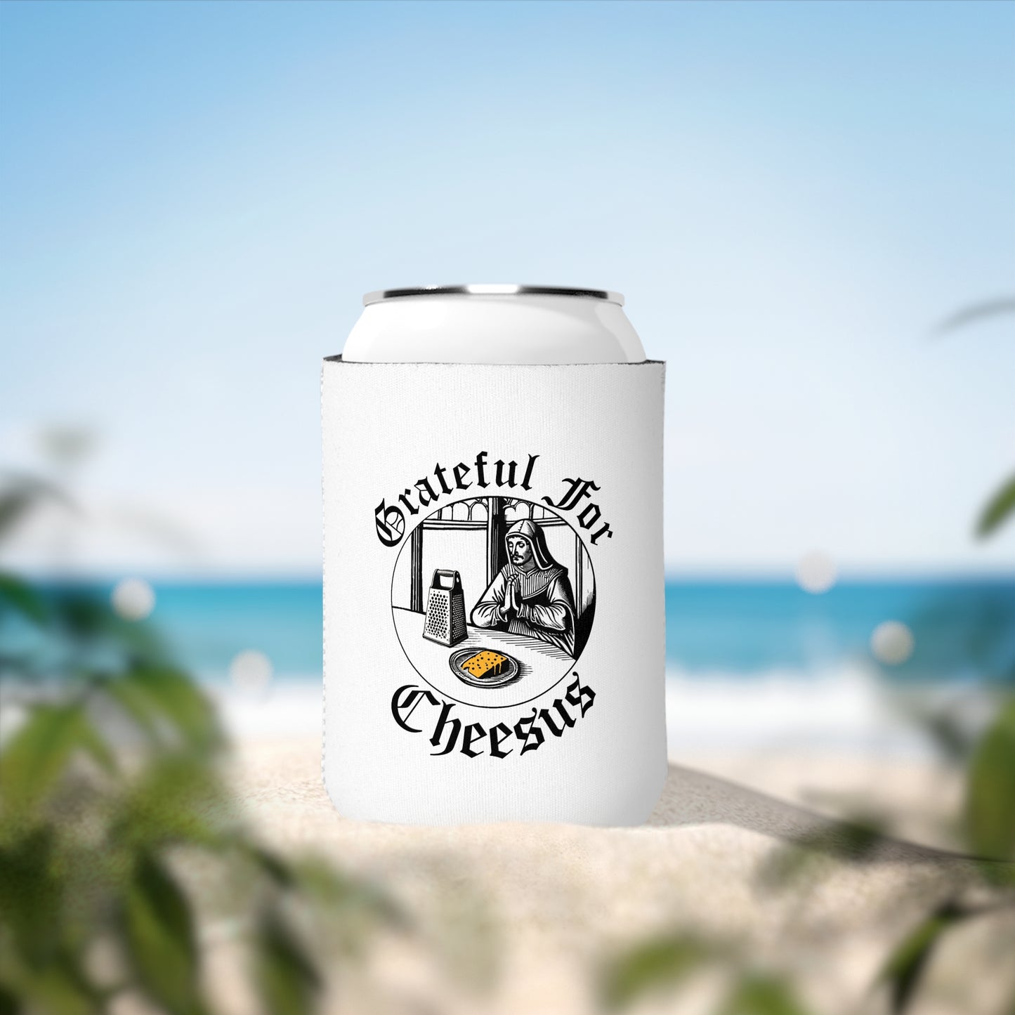 Grateful for Cheesus Can Cooler Sleeve, Funny Beer Koozie